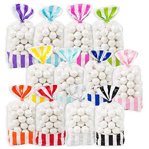 Beautiful Striped Party Plastic Favour and Giveaway Bag, Bright Pink