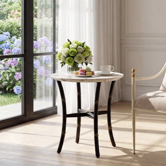 BIANCHINI Round Faux Marble Side Table, Black Metal Legs with Hidden Screws, White Top for Living Room, Bedroom, Entryway