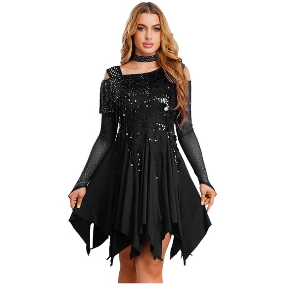 iixpin Womens Sequin Latin Tango Salsa Samba Dance Dress Asymmetrical Cocktail Dress Ballroom Dancewear Black M