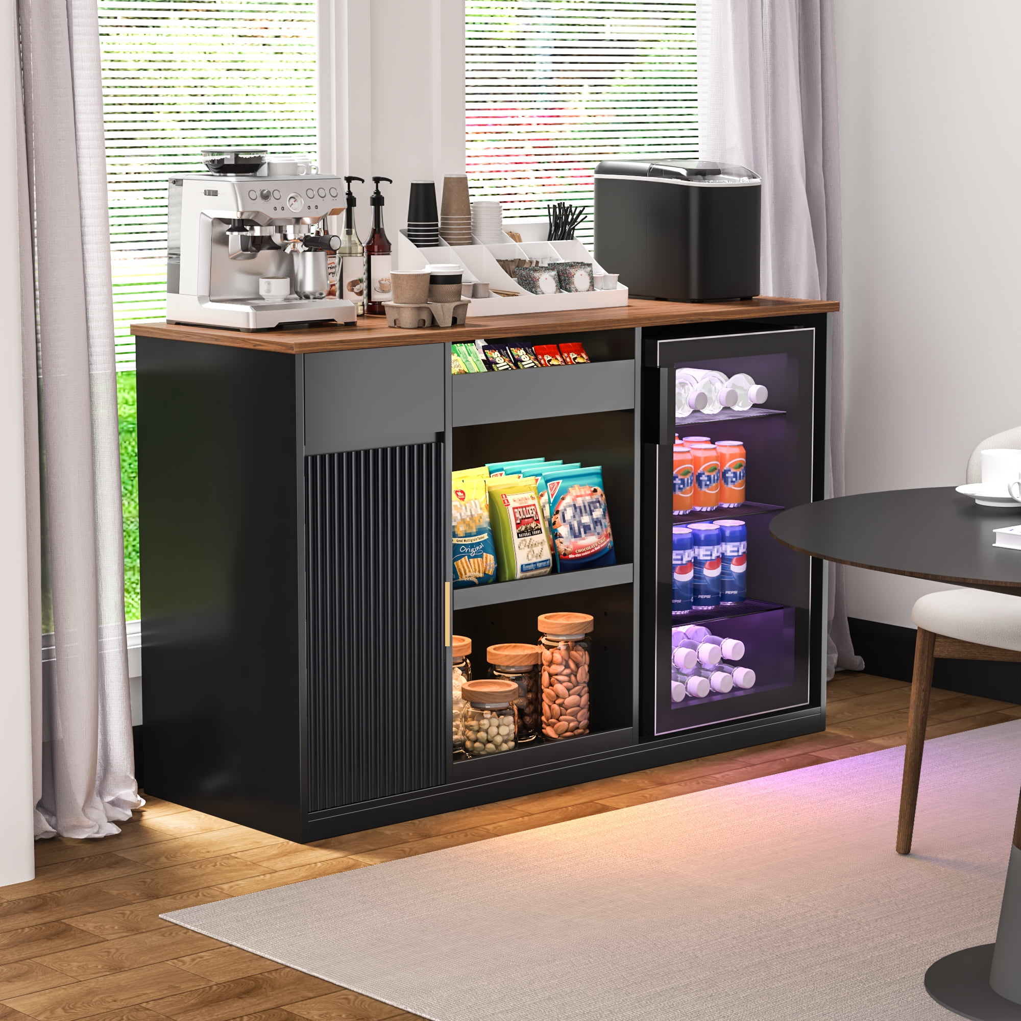 GDLF Snack Bar Cabinet with Fridge Space, Snack Organizer with Storage and Candy Display Shelf, Coffee Station for Home Theater or Game Room, 51.2", Black