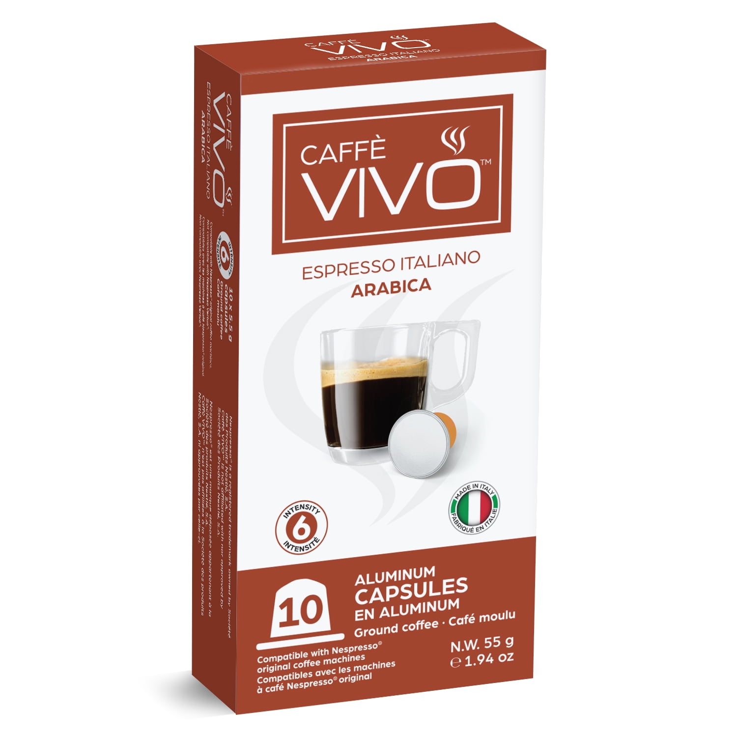 Caffè VIVO Espresso Italiano Arabica (10-pack Nepresso Compatible Capsules), Intensity: 6 | Nespresso Compatible