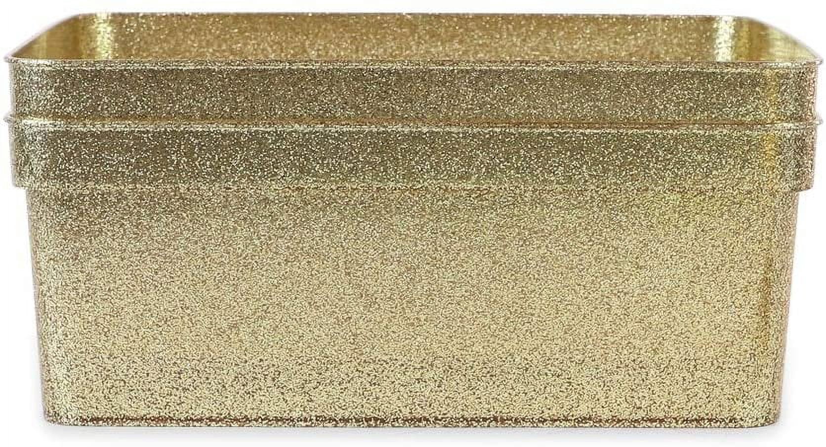 Isaac Jacobs Medium Glitter Storage Bin 14 x 11.5 x 5.5 Set w/Cut-Out Handles, Plastic Organizer, Multi-Functional, Home Storage Solution, 2, Gold