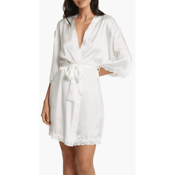 Papinelle IVORY Camille Lace Trim Silk Short Robe, US XL