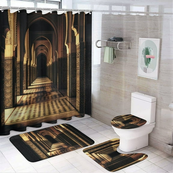 Islamic Architecture 4 Pcs Bathroom Shower Curtain Set, Bathroom Sets with Rugs (Bath Mat, U Shape and Toilet Lid Cover Mat) and 12 Hooks,