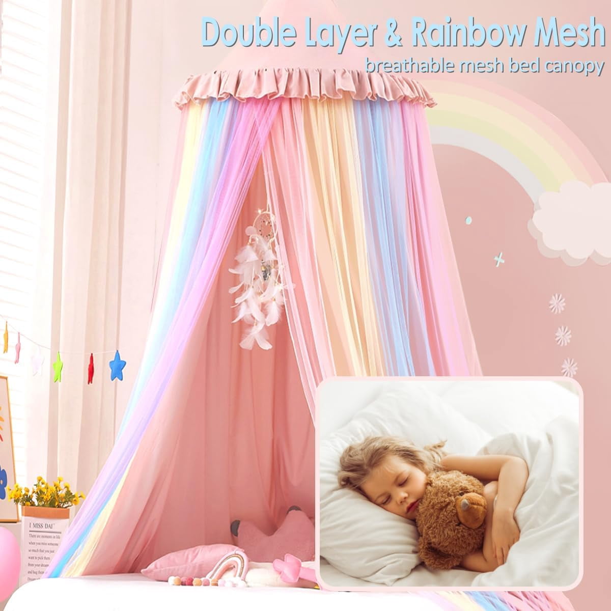Rainbow Bed Canopy Dreamy Mosquito Net for Bed Round Dome Princess Bed Canopy Room Play Tent Canopy Bed Netting Curtains (Beige Pink Rainbow)