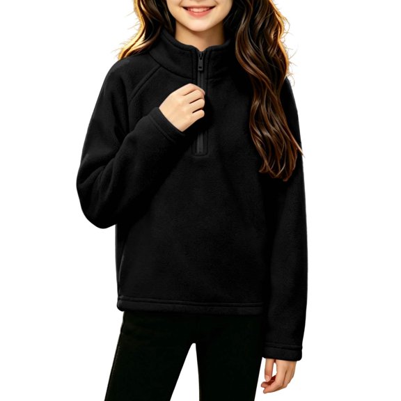 Girls Fleece Half Zip Sweatshirt Long Sleeve Casual Warm Turtleneck Kids Winter Pullover Tops Black 6-14