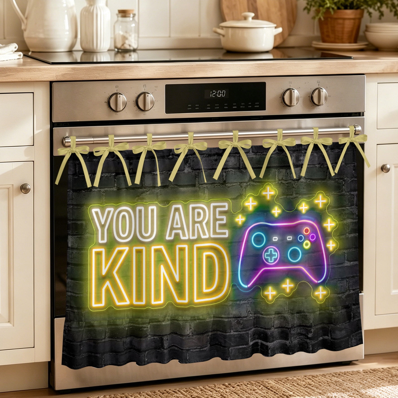 Video Games Oven Skirt for Farmhouse Kitchen D&eacute;cor Modern Game Zone Geometric Graffiti Brick Oven Curtain Tie Top Decorative Stove Skirt Cabinet Dish Washer Curtains with 8 Ribbon Ties 30 x21.5