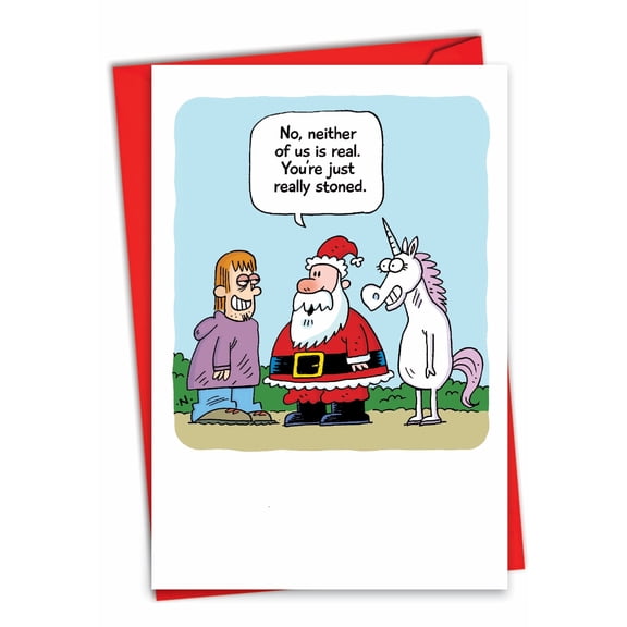NobleWorks Funny Christmas Paper Card with 5 x 7 Inch Envelope (1 Card) Merry Christmas Holiday Santa and Unicorn C7693XSG