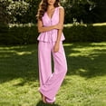 thumbnail image 5 of Vivianyo HD Women's Striped V-Neck Sleeveless Tie Waist Peplum Top and Wide Leg Pants Set, Two Piece Sets for Women Textured Outfit, Women's Pink, Sizes S-XL, 5 of 8