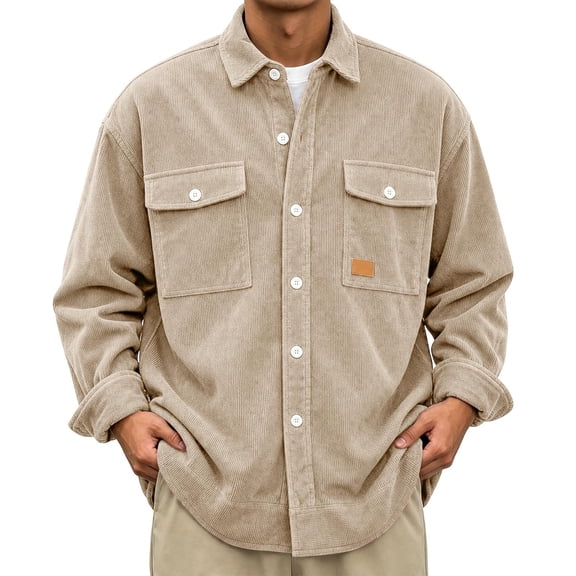 Guluxicc Corduroy Jackets for Men Button Down Collared Long Sleeve Solid Jackets with Double Flap Pockets Fall Winter Casual Work Jackets