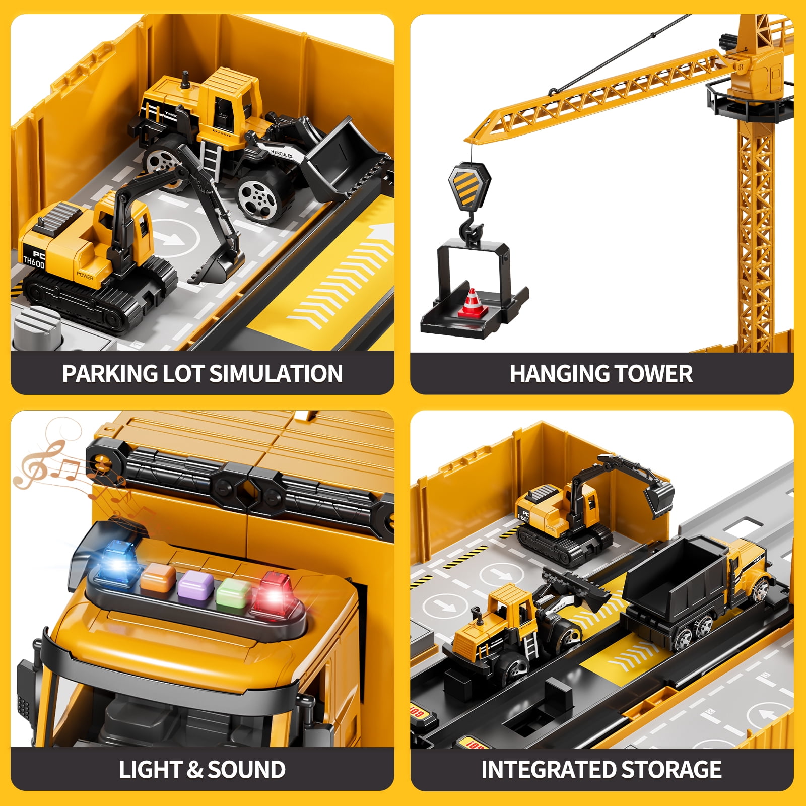 Lucky Doug Construction Truck Toy for Boys Age 3-6, Truck Set Include Launcher, Crane, Race Track, 4 Construction Vehicles - Dump truck, Cement Truck, Bulldozer, Excavator Toys for Kid 3- 6  Boy Gift