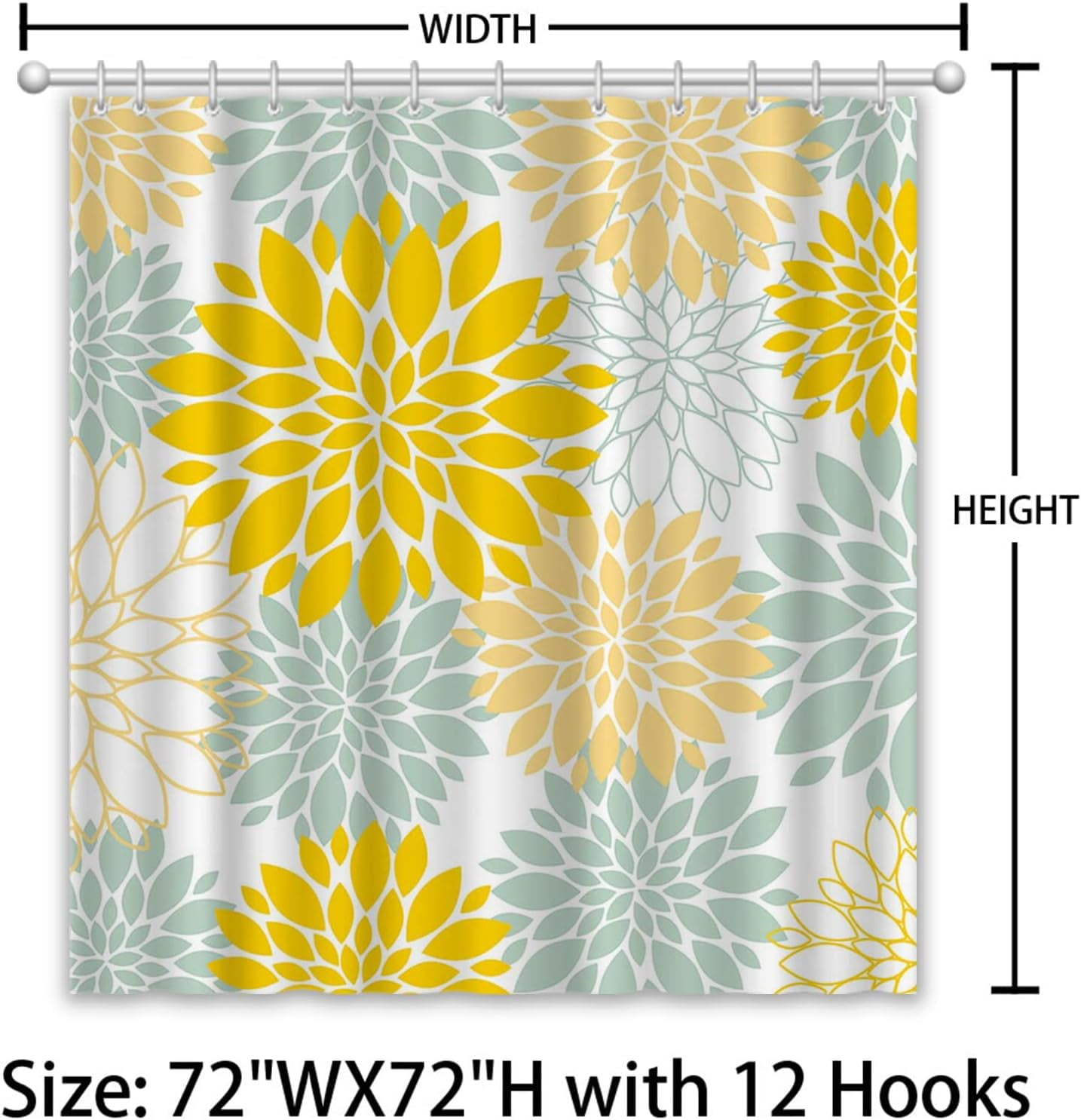 Yellow Flower Shower Curtain Dahlia Shower Curtain for Bathroom Sage Green Floral Shower Curtain Pinnata Wildflower Washable Waterproof Fabric Hotels Bathroom Decor with 12 Hooks 72" X 72"