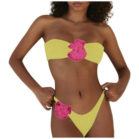 Celivon Womens Summer Sexy Solid Crop Top Tube Bra & Floral High Waist Thong Set For Trendy Pool Party Wear