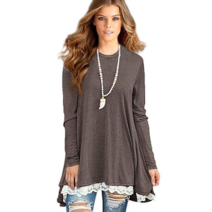 Womens Elegant Long Sleeve Lace Trim Tunic Tops Button Down Casual Blouse Cute Crew Neck Ribbed Shirt
