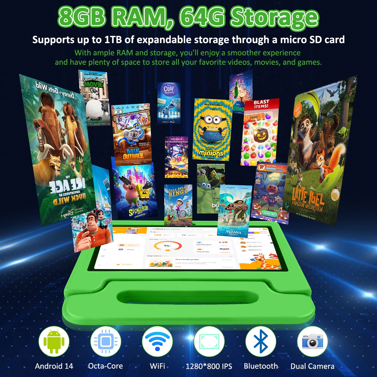 Kids Tablet, 10.1 inch Tablet for Kids IPS HD Screen RAM 8GB 64GB Storage, J10 Pro Toddler Tablet with Protective case - Green