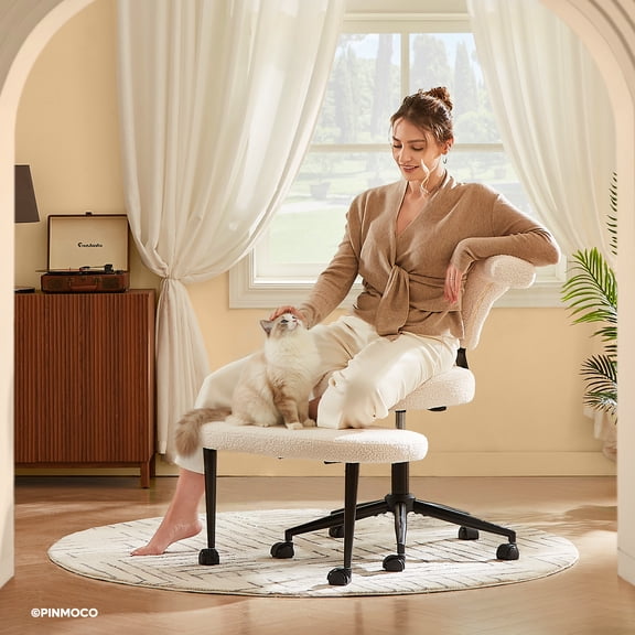 Pinmoco Cross Legged Chair for ADHD, Comfortable Backwards Sitting Office Chair with Wide Seat, Teddy Fabric Swivel Desk Chair, Ergonomic Criss Cross Chair for Home Office, White