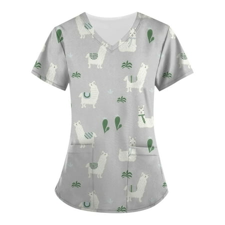 

Knosfe T-Shirt for Women Animal Print Short Sleeve Loose Fit Workwear Summer V Neck Casual Scrub Tops 4XL