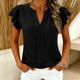 thumbnail image 4 of CQONEPT Womens Cap Short Sleeve Ruffle Blouse Casual Pleated V Neck Dressy Shirts Summer Slim Solid Trendy Work Outfits Black XL, 4 of 6