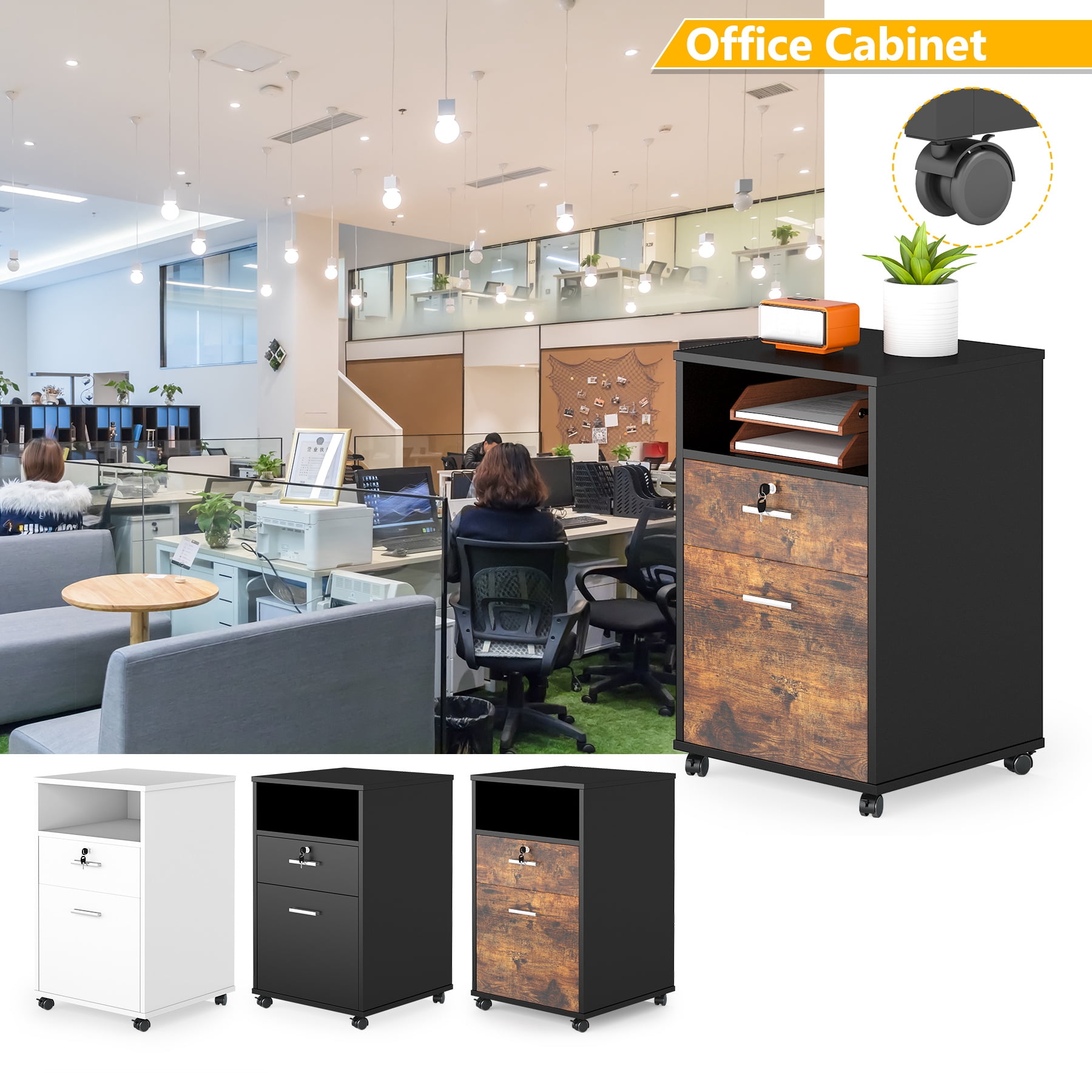 Fnova 2-Drawer Mobile File Cabinet with Rollers, Wood Modern Filing Cabinet with Lock and Key for Letter Size, Caninet with Open Shelf for Home Office, Brown