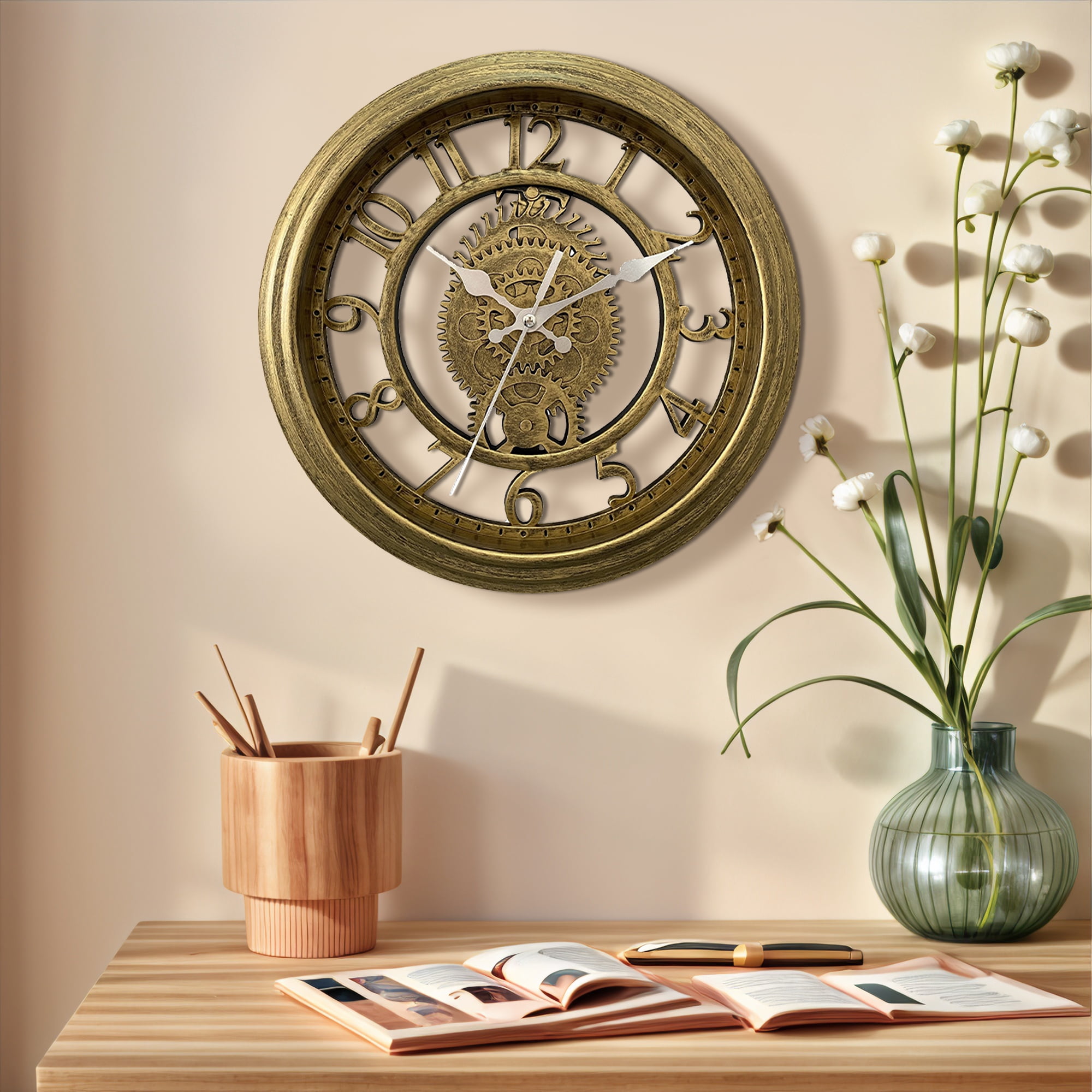 Unique Bargains Rustic Farmhouse Gear Clock with Moving Gears Wall Clock Gold