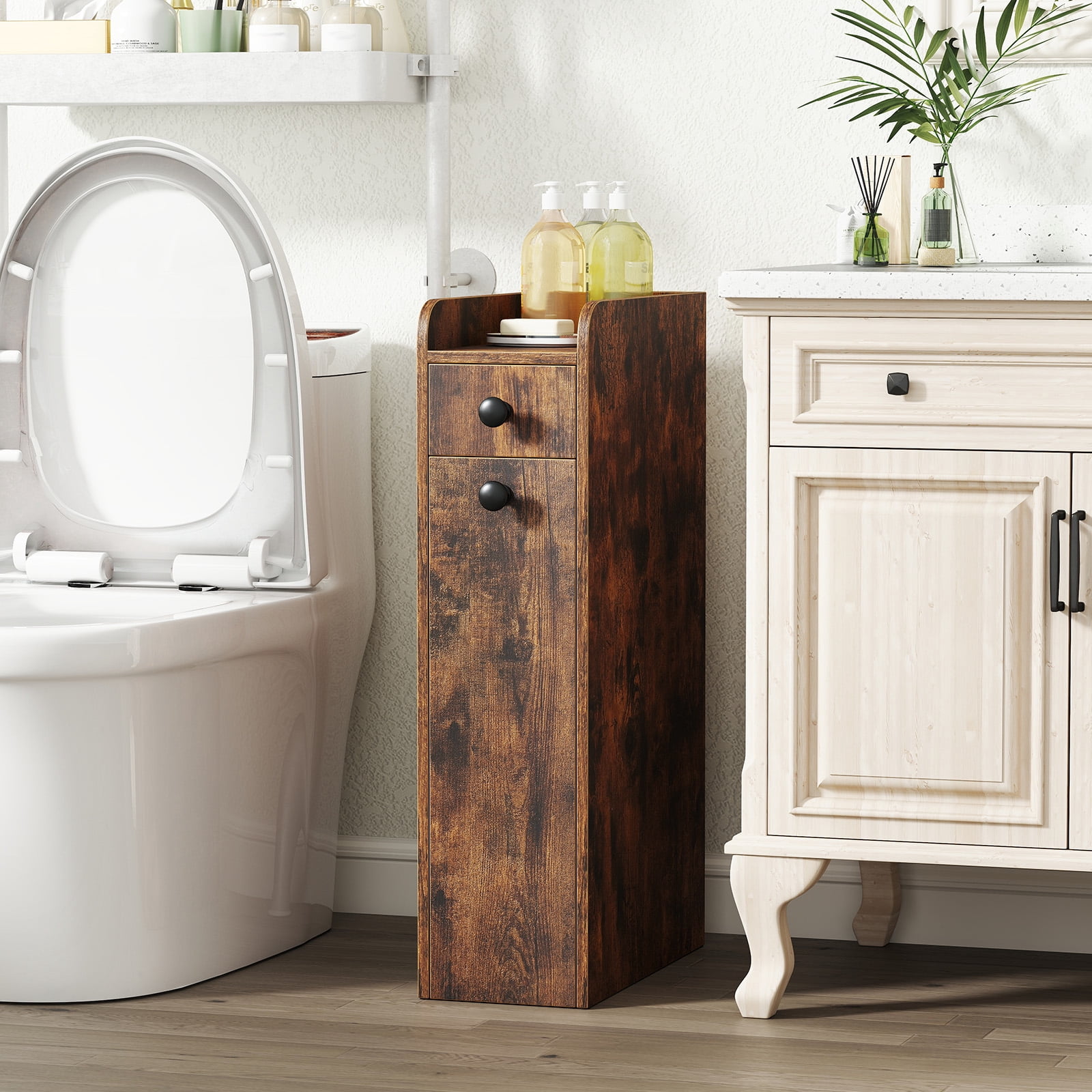 Costway Slim Bathroom Storage Cabinet with Slide Out Drawer Spacious Top Rolling Wheels Rustic Brown