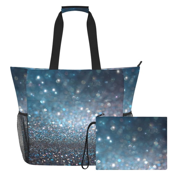 Blue Glitter Beach Bag Travel Tote Bag Reusable Shopping Bag Gym Bag with Wet Pocket Waterproof