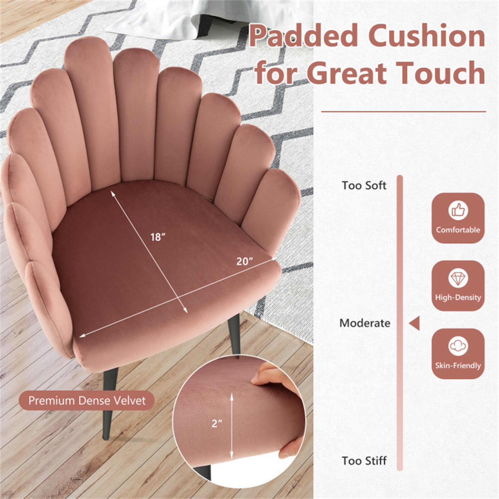 Demi Bonn Modern Velvet Dining Chair with Metal Base and Petal Backrest, Pink