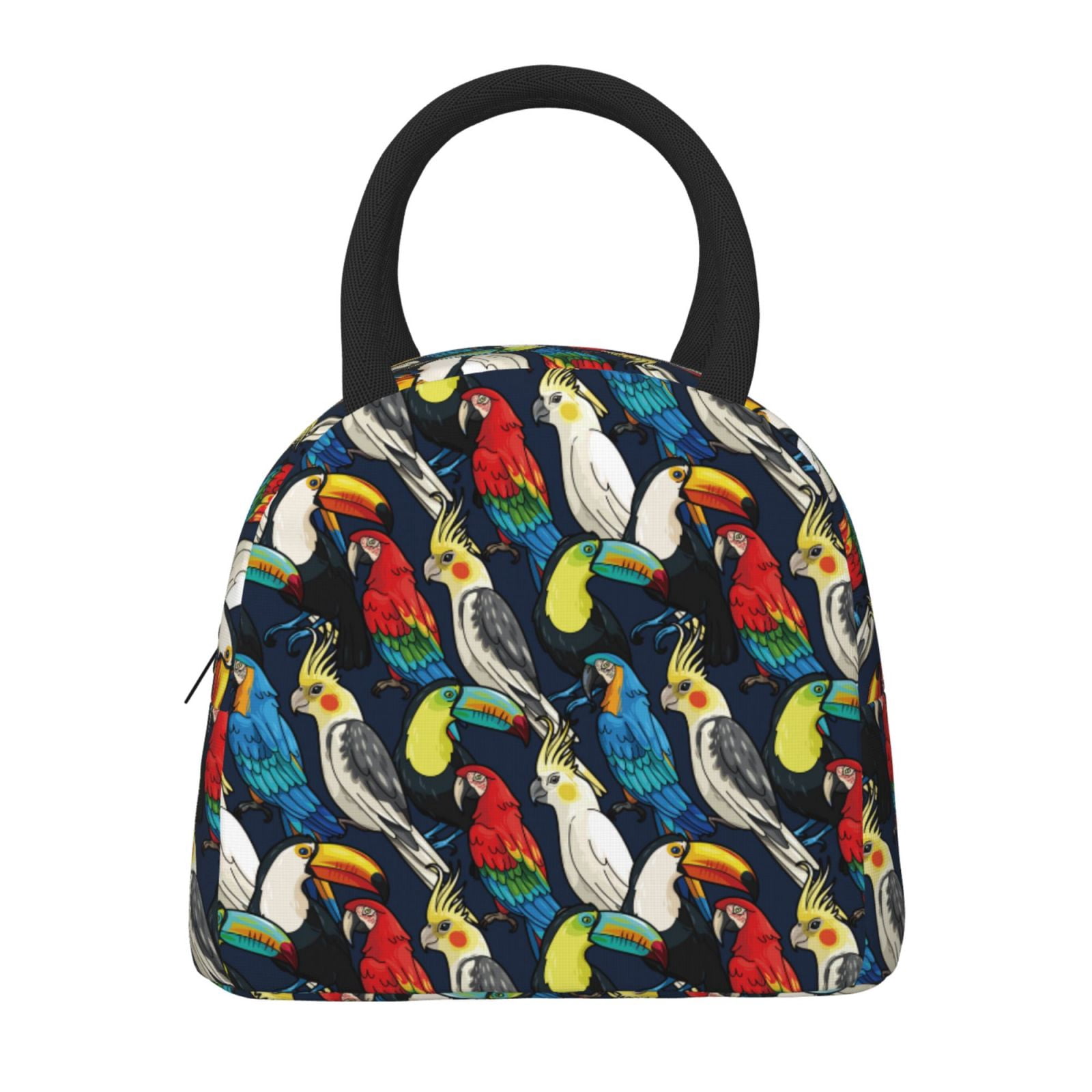 Horeoi Parrot Pattern Large Insulated Lunch Bag for Work, School, Picnic - Waterproof, Durable Oxford Cloth, Comfortable Handle-Black
