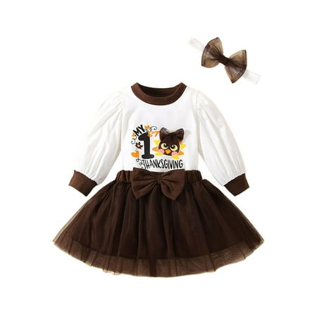 

Niuer Toddler Loose Bow Tie Romper Top+Skirt+Heanband Infant Mesh Autumn Outfits Polka Dot Holiday Crew Neck Casual Thanksgiving Skirts Set Dark Brown 80cm