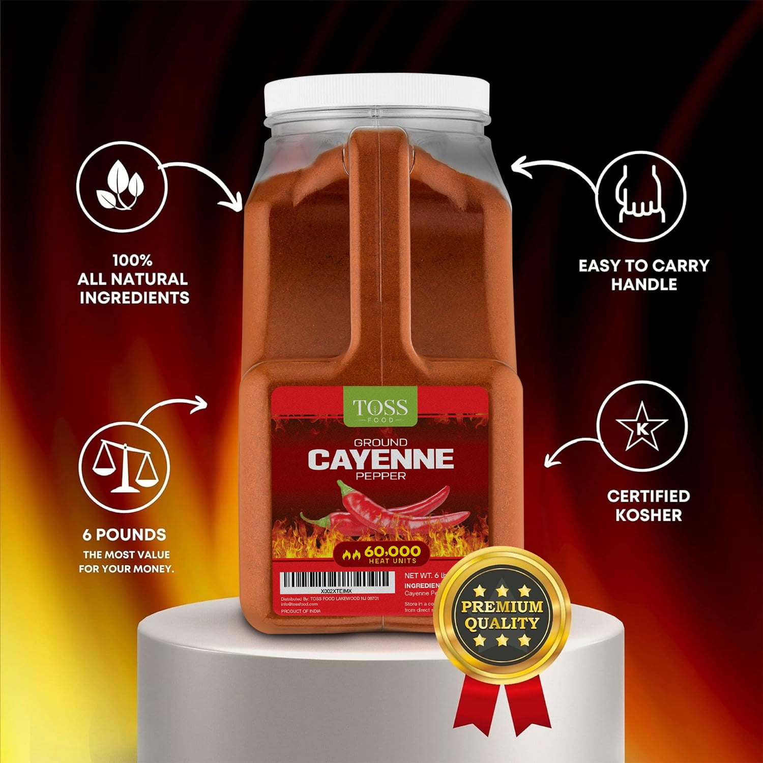 Toss Extra Hot Cayenne Pepper Powder, Bulk 60,000 Heat Units, 6 lb - Ground Cayenne Pepper Spice for Home and Commercial Cooking