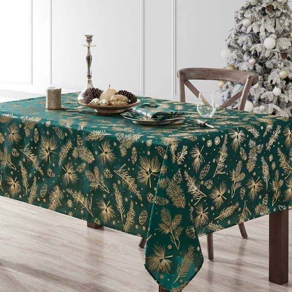 Elrene Home Fashions Pine Foil Fabric Holiday Tablecloth, Green, 60" x 84"