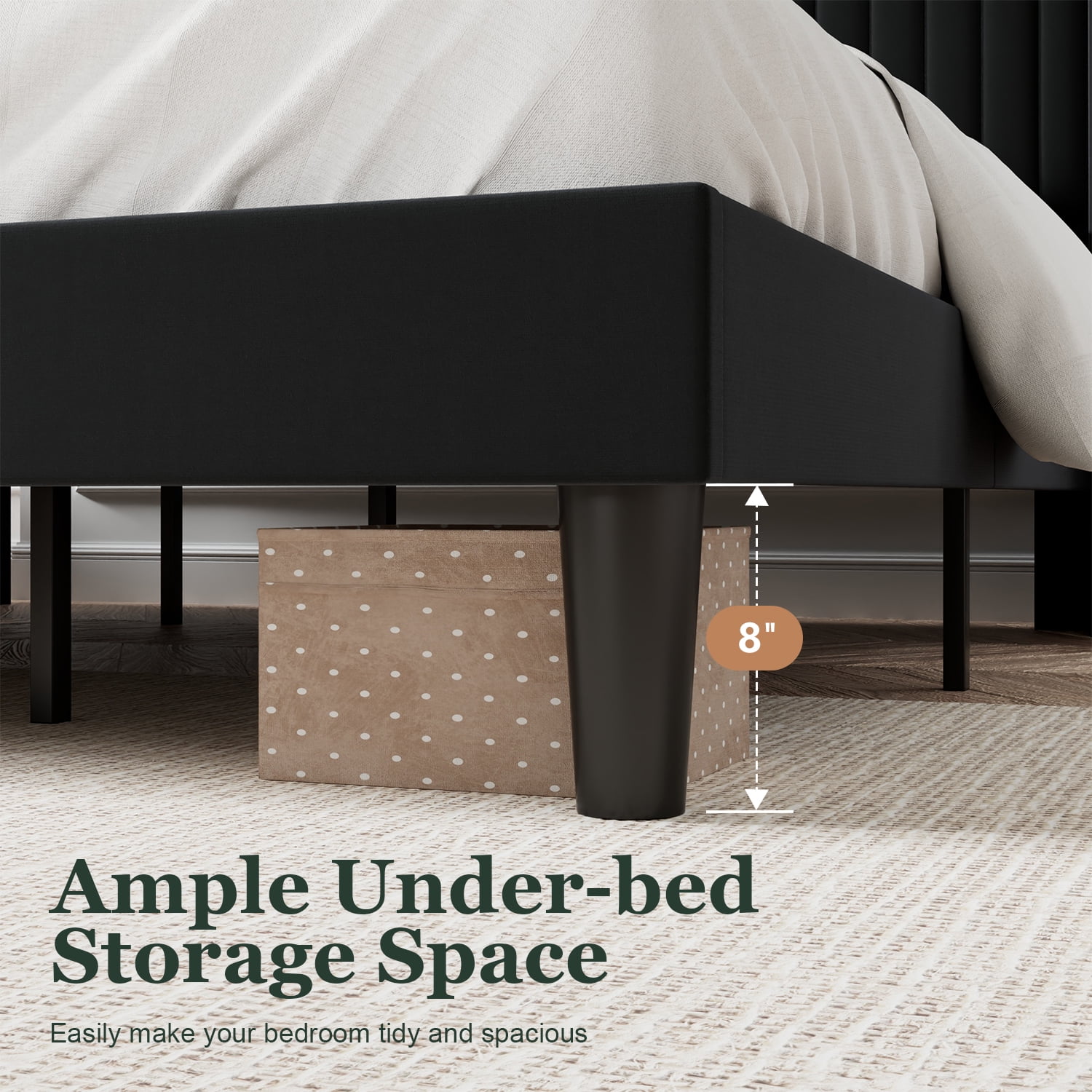 Amolife Queen Velvet Upholstered Bed Frame with Wingback Headboard, Vertical Stripes, Black  (图3)