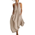 thumbnail image 3 of Women's Cotton Loose Wide Leg Jumpsuit, Deep V Neck Sleeveless with Side Pockets, Casual Summer Beach Wear, Long Pants | VerBelle,Beige 2XL, 3 of 8