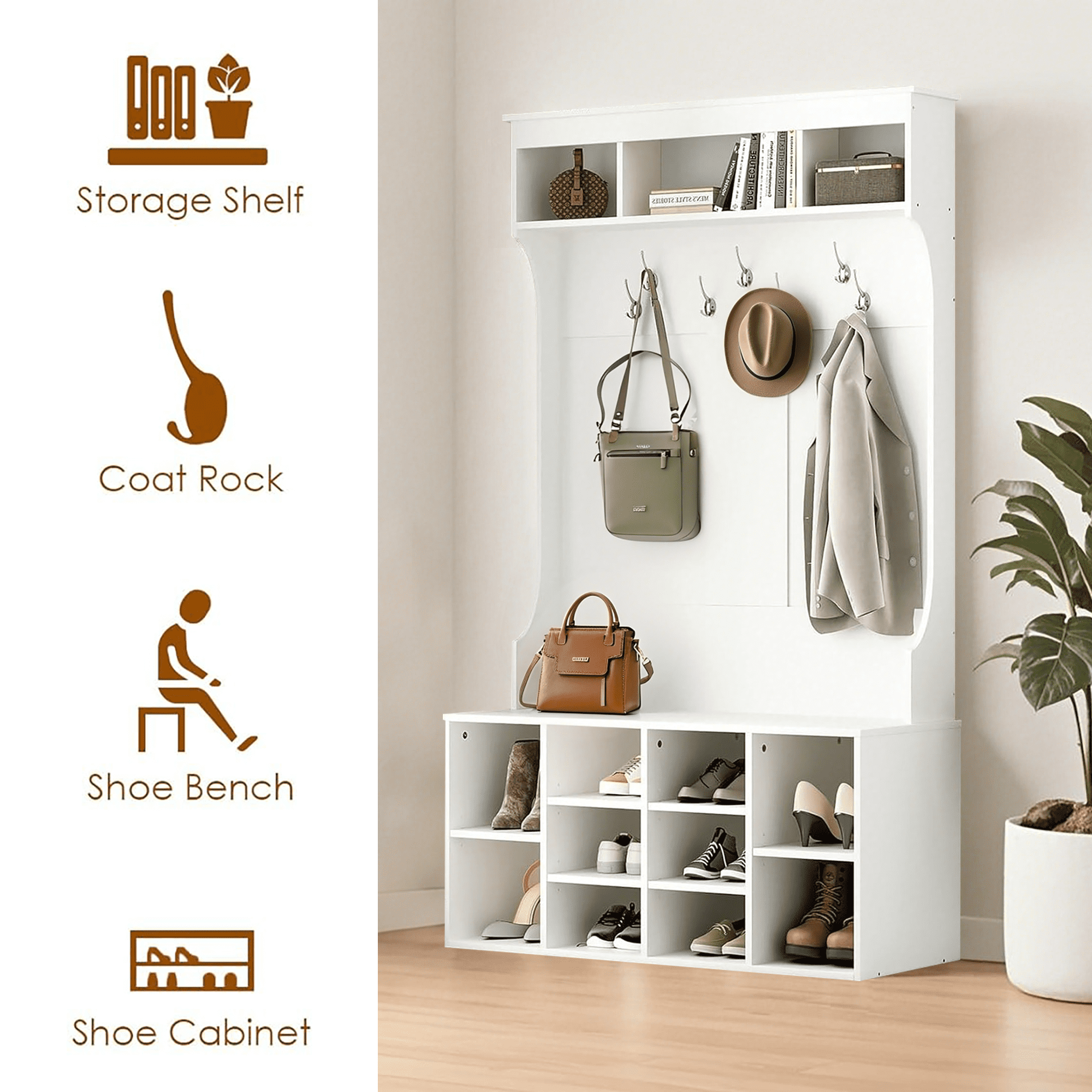 MAYEERTY White 71" Hall Tree with Shoe Storage, 7 Hooks , Freestanding, Adjustable Bench for Mudroom