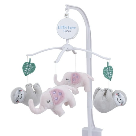 Little Love by NoJo Tropical Garden Musical Mobile, Sloth and Elephant, Pink and Grey, Girl Nursery