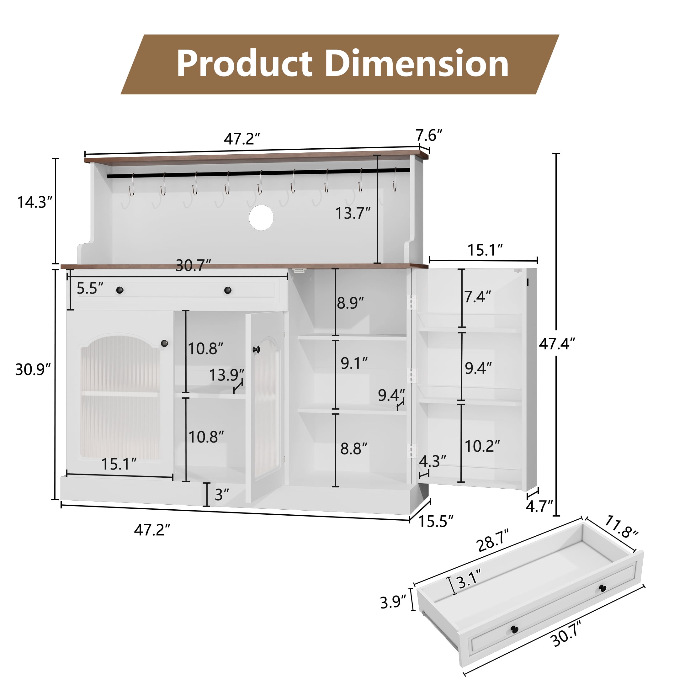 HLR 48" Modern Wood Kitchen Pantry Cabinet, Coffee Bar with Drawer & Microwave Stand, Dining Room, White