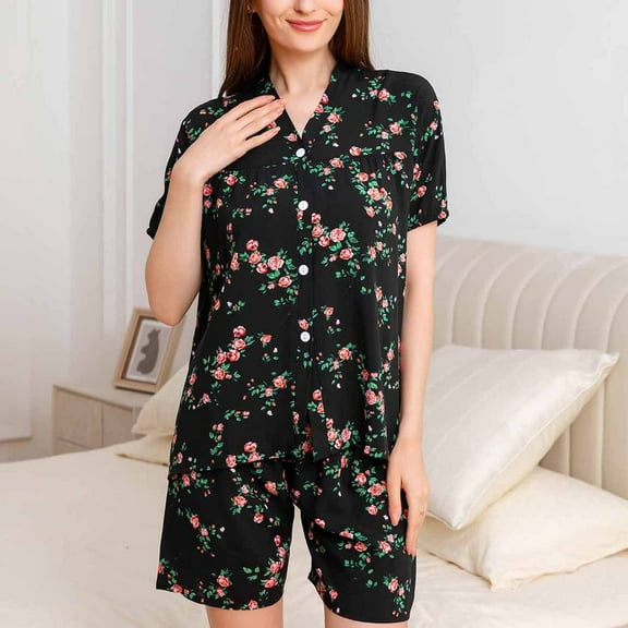 Aueoeo Cotton Pajamas For Women PJS Set Button -Down Two Piece Soft Printed Short Sleeve Summer Sleepwear Loungewear Black X-Large