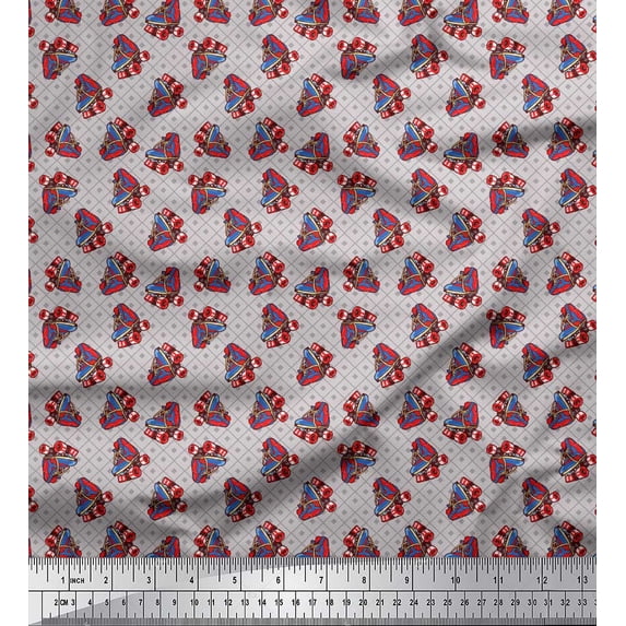 Soimoi Grey polyester Crepe Fabric Diamond Grid & Skates Travel Printed Fabric 1 Yard 52 Inch Wide