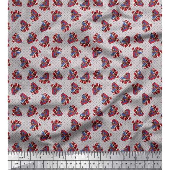 Soimoi Grey Heavy Satin Fabric Diamond Grid & Skates Travel Printed Fabric 1 Yard 54 Inch Wide