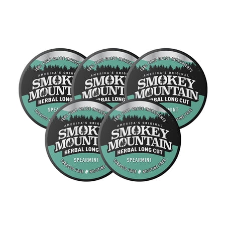 Smokey Mountain Herbal Long Cut – Spearmint – 5 Can Box - Tobacco Free and Nicotine Free Snuff