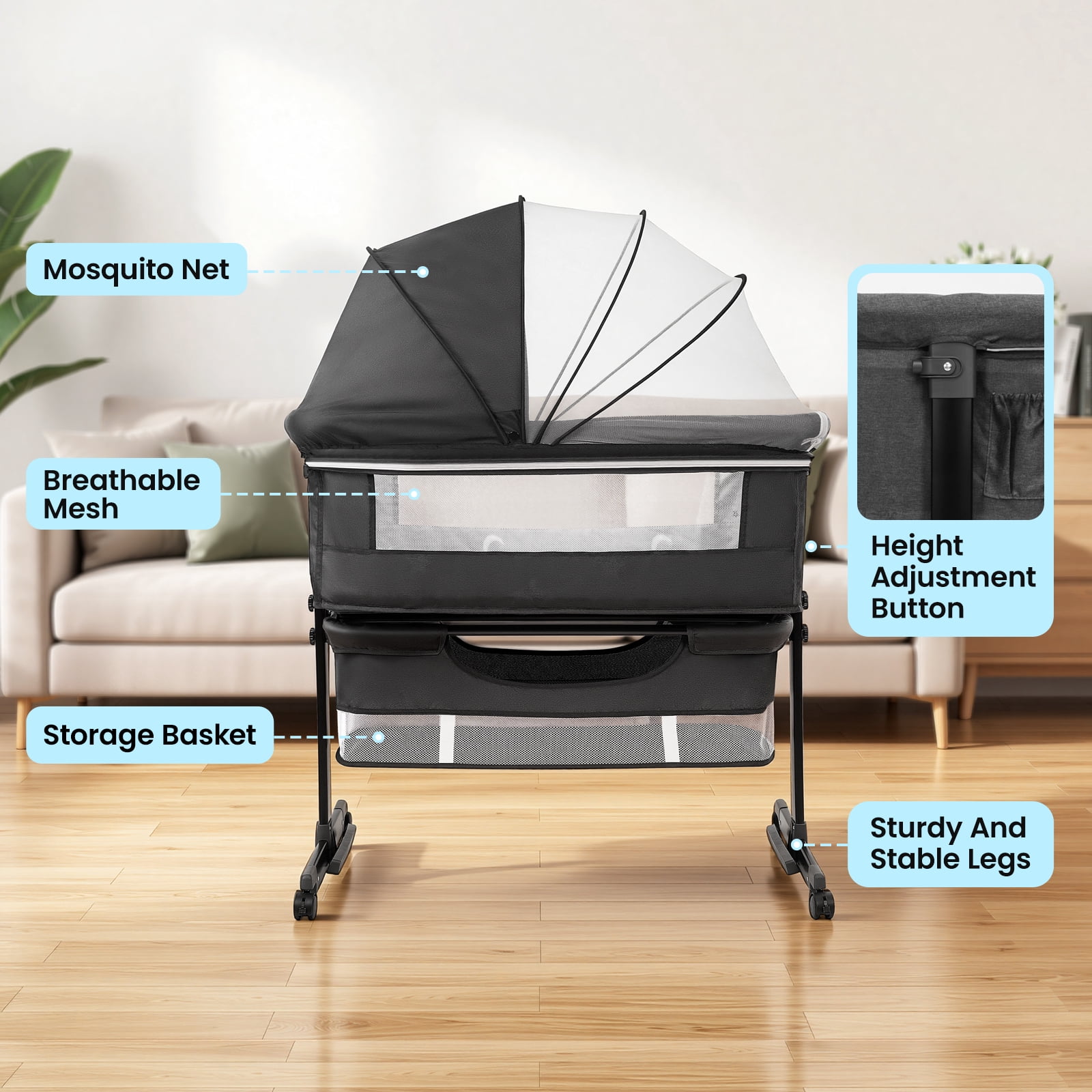 kmaier Baby Bassinet Bedside Crib Foldable Portable  with Adjustable Height, Wheels and Storage Basket,Dark Gray