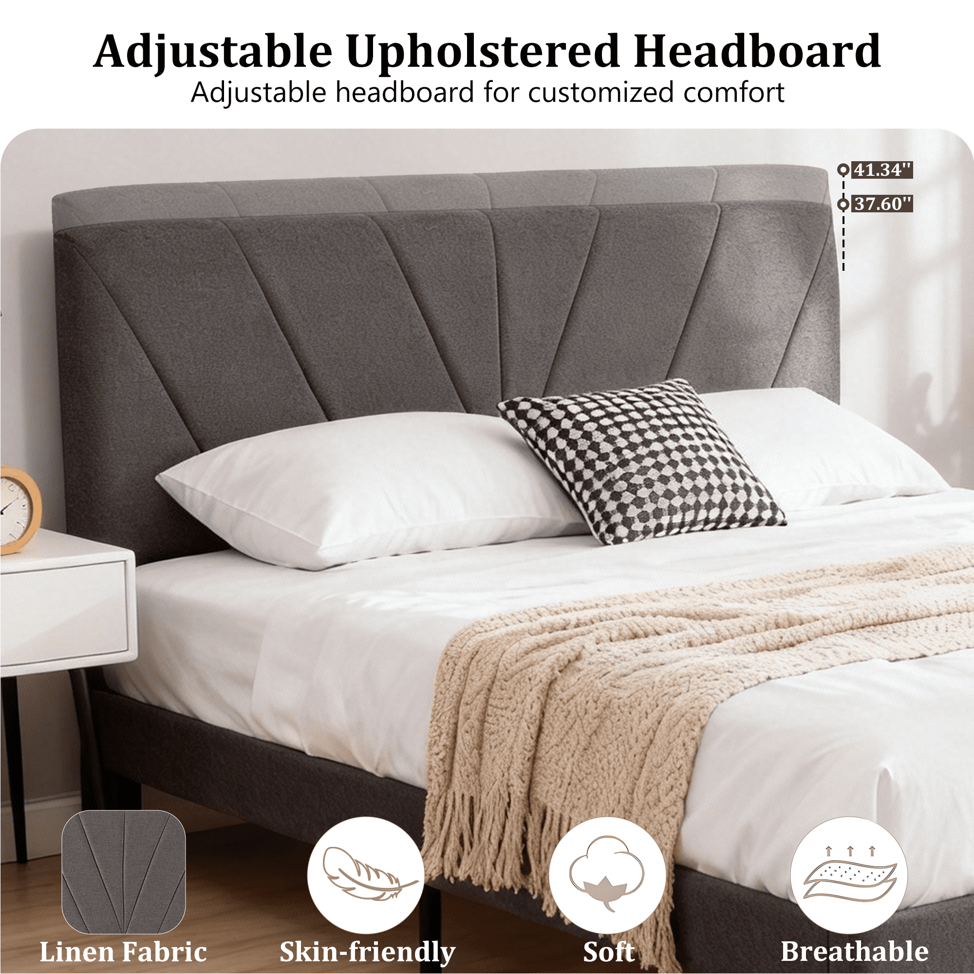 EDX Queen Bed Frame with Upholstered Adjustable Headboard, Heavy Duty Platform, No Box Spring, Grey