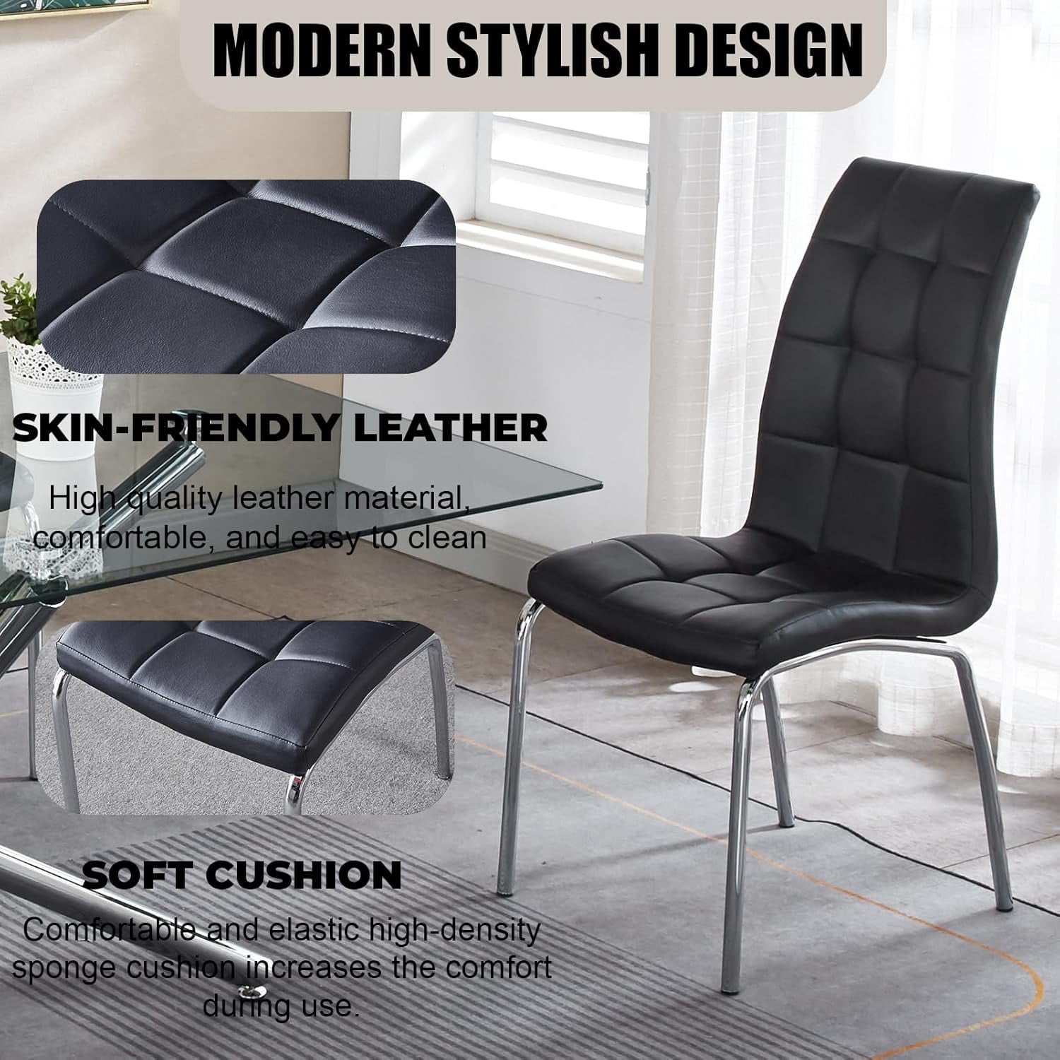5-Piece 36" Square Glass Dining Set, Clear Tempered Glass Table & 4 PU Leather Chairs with Stainless Steel Legs for Kitchen, Meeting Room