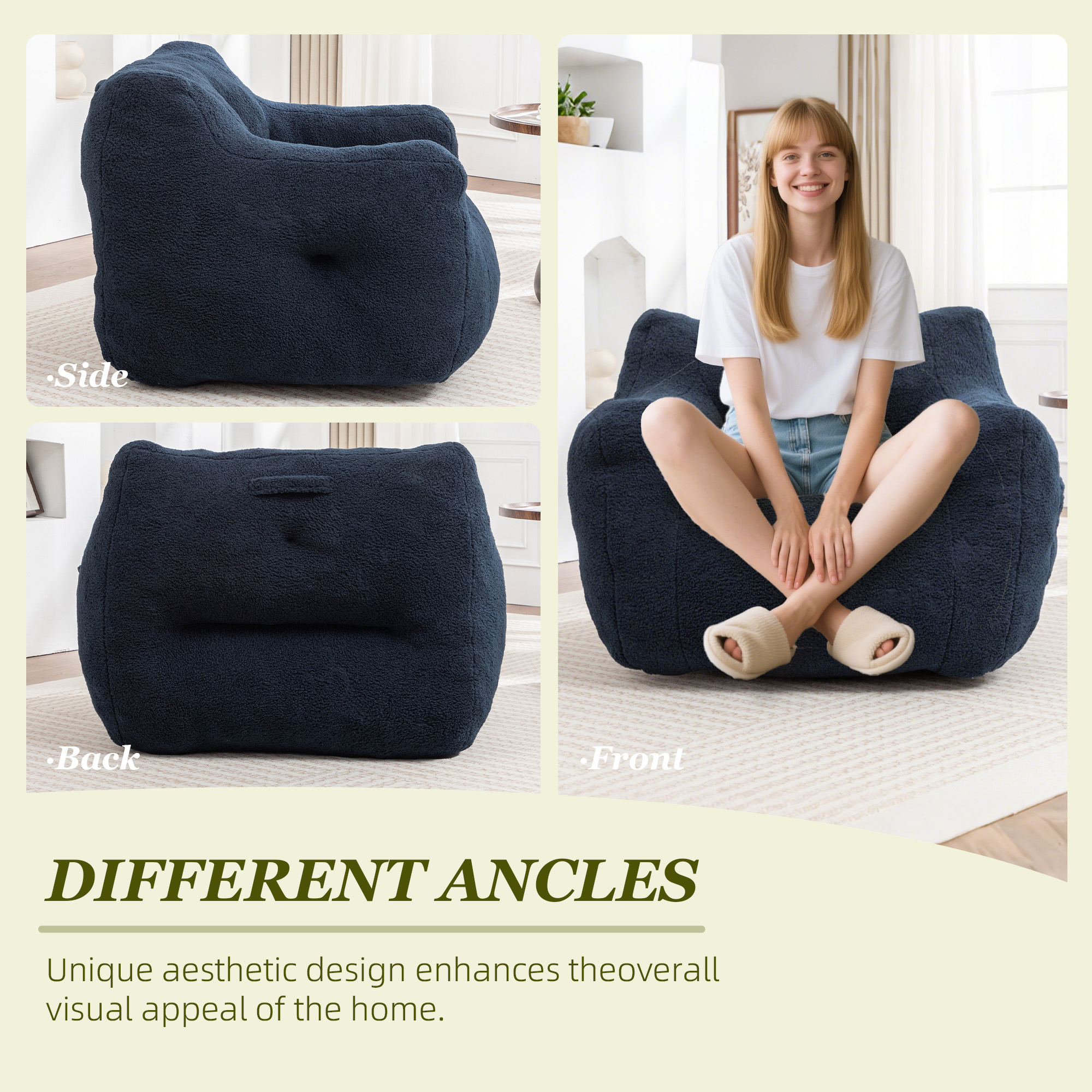 MOONMISS Bean Bag Chair, Bean Bag Sofa Chair with Armrests Stuffed High-Density Foam, Lazy Sofa Comfy Chairs BeanBag Chair for Adults in Living Room,Bedroom Reading,Navy Blue