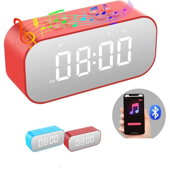 Alarm Clock with Bluetooth Speaker, Bedroom Mirror Electronic Digital Dual Alarm Clock for Serious Sleepers with Dual Alarms, Snooze Function, Dimmable LED Display, Hands-Free Calls (Red)