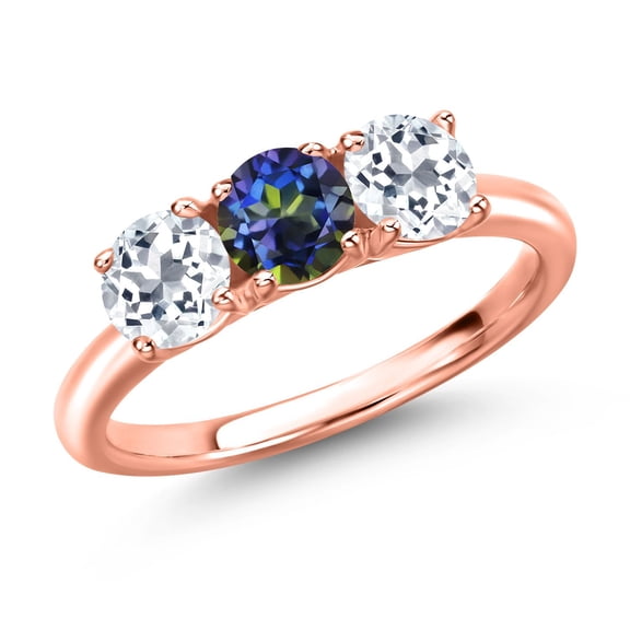 Gem Stone King 18K Rose Gold Plated Silver Blue Mystic Topaz and White Topaz Engagement Ring for Women | 1.70 Cttw | Round 5MM | Gemstone November Birthstone | Size 6