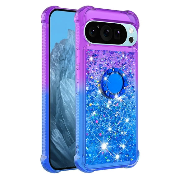Phone Case for Google Pixel 10 Pro XL with Ring Kickstand, Cute Glitter Bling Sparkle Quicksand Flowing Liquid Clear Gel Silicone ShockProof Cover Girls-B4