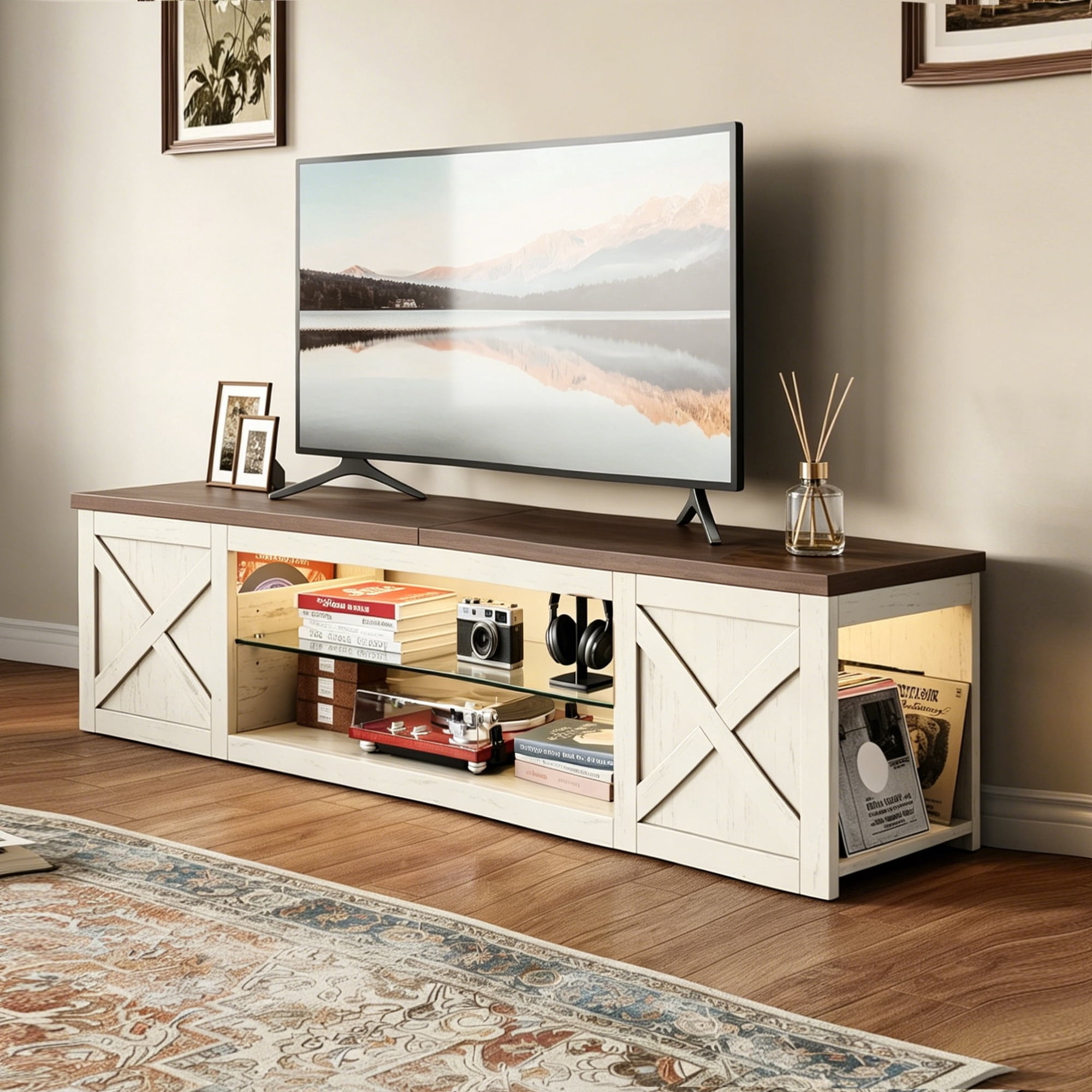 HOMRELEXA Farmhouse TV Stand for TVs Up to 65", Home Entertainment Center with LED Light, Open Storage Cabinet & Adjustable Shelves, White