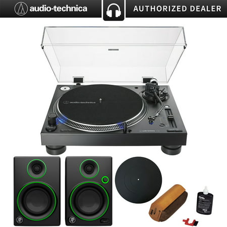 Audio-Technica AT-LP140XP Direct-Drive Professional DJ Turntable, Black +Audio Immersion Bundle w/Protective Turntable Platter, Vinyl Record Cleaning System & Mackie CR3 3
