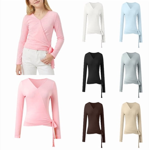 Ticikt Kids Girl's Tie Wrap Top Long Sleeve V Neck Crop Tops Shirt Slim Fit Dance Fairy Yoga Workout Blouse For,Pink